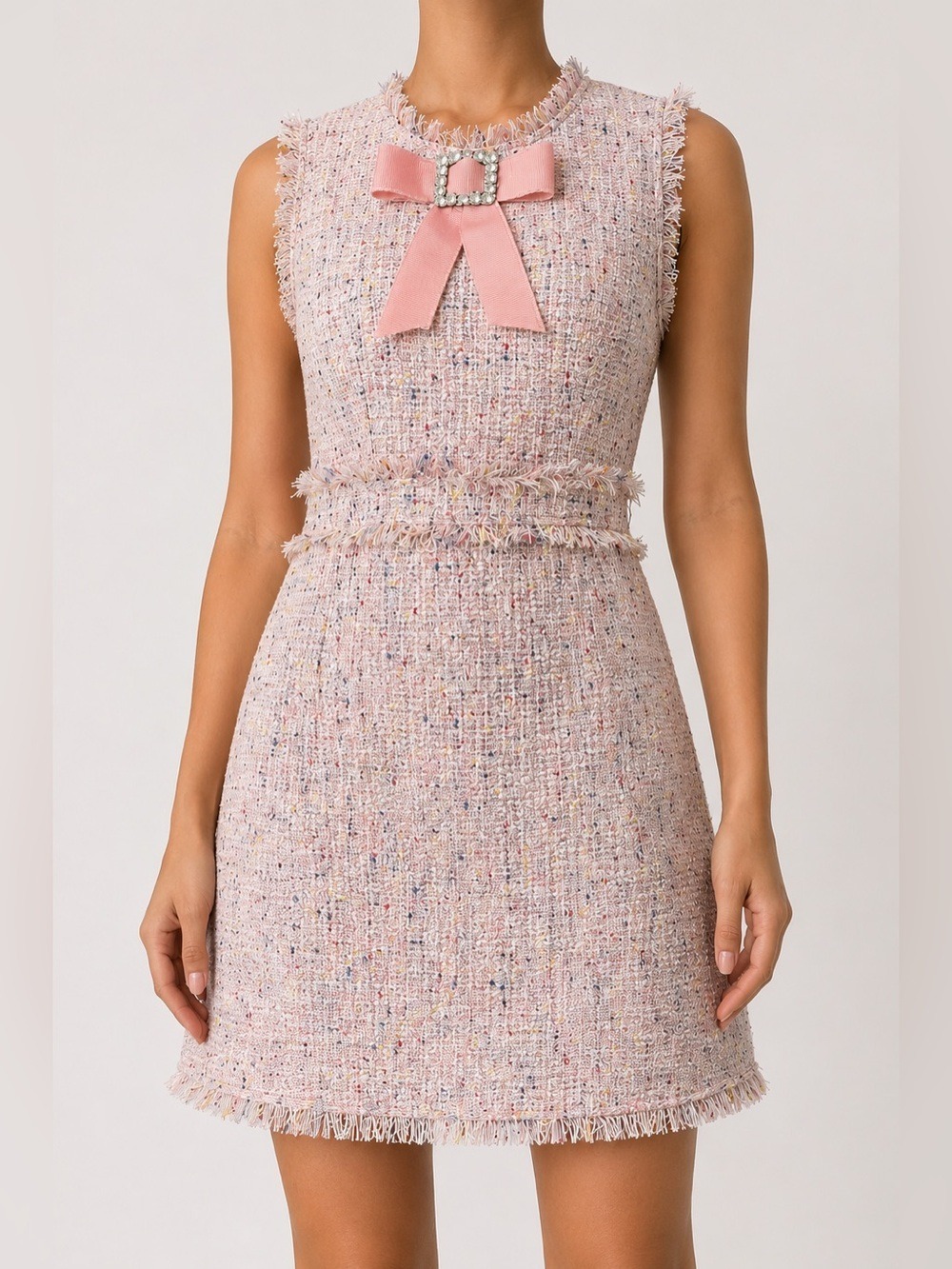 NIWIY PINK BOUCLE TWEED FRINGE DRESS -Small